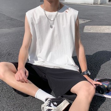 破洞背心男港風潮流復古毛邊無袖t恤夏季寬松運動坎肩男士上衣薄