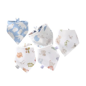 JoyNa - 5條入-棉質三角巾 暗釦口水巾-動物線條款-45*34*34cm