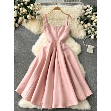 法式高級感禮服氣質方領收腰顯瘦中長款大擺無袖背心裙名媛連衣裙