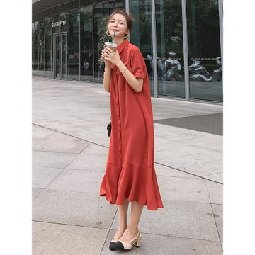 法式紅色雪紡襯衫連衣裙女夏2025年新款大碼胖mm女裝顯瘦魚尾長裙