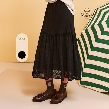 OUWEY歐薇 古典蕾絲寬擺細褶棉質中長裙(兩色；S-L)