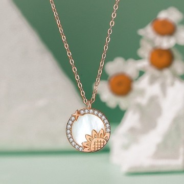 玫瑰金純銀項鍊貝母吊墜-晴天向日葵太陽花鋯石女飾品74cj31【獨家進口】【米蘭精品】