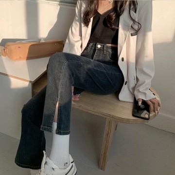 【太妮絲AA119】現貨 韓系 側開叉高腰長褲 高腰褲 顯瘦 直筒 開叉褲 ins 簡約 九分褲 牛仔褲