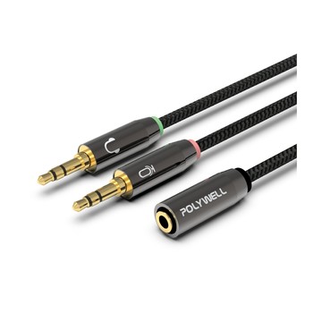 POLYWELL 3.5mm AUX音源轉接線 1母2公 BRAID版 /25公分