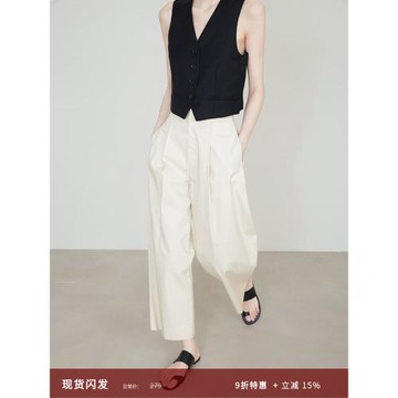 夏莫卡藏青色九分闊腿褲女row風垂感西裝褲親膚棉休閑奶奶褲7725
