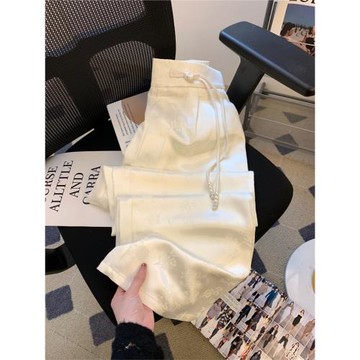 新中式盤扣提花闊腿褲女秋款高腰休閑直筒褲寬松垂感小個子拖地褲