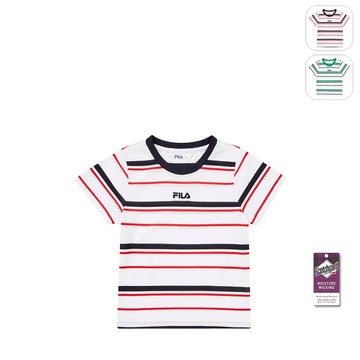 【FILA】KIDS 孩童款 條紋拼接 吸濕排汗 短袖圓領T恤-丈青 1TEY-4412-NV