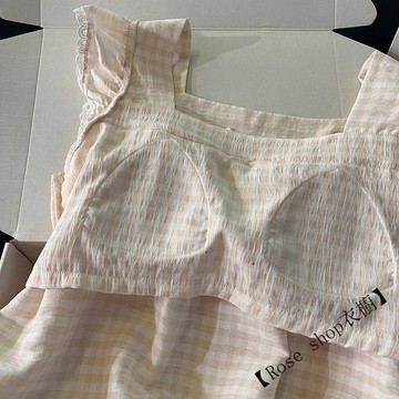 【臺灣出貨】🍋帶胸墊-夏季韓系慵懶風睡衣女甜美粉格子少女方領吊帶小飛袖家居服 睡衣女 夏季睡衣 居家服 韓版睡衣
