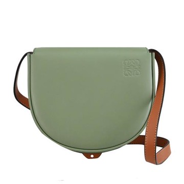 LOEWE Heel Duo Bag 壓紋LOGO斜背翻蓋馬鞍包.灰綠/咖