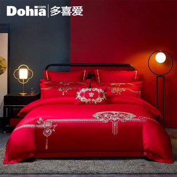 多喜愛全棉結婚床上用品大紅色中式四件套/六件套刺繡婚慶套件