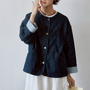 棉麻拼接格紋外套 443111