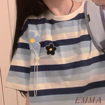 夏季新款短袖 胖mm2-300斤 日系復古條紋短袖t卹女夏寬鬆遮肚顯瘦 半袖上衣潮流 oversize  短袖 T恤