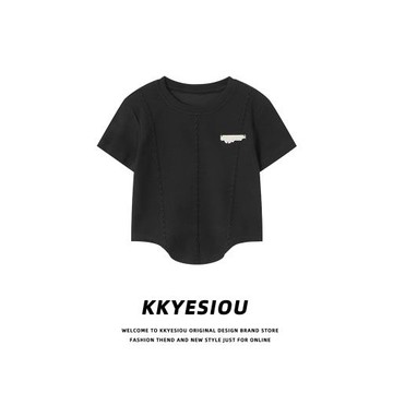 KKyesiou美式潮牌微胖甜辣風短款上衣女休閑辣妹正肩復古短袖T恤