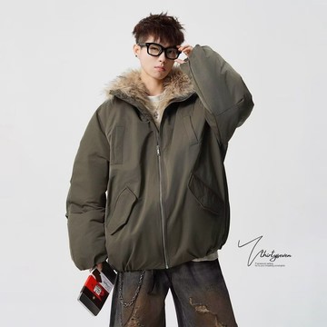 美式復古座山雕短版連帽毛領棉服男 百搭休閒鋪棉外套男
