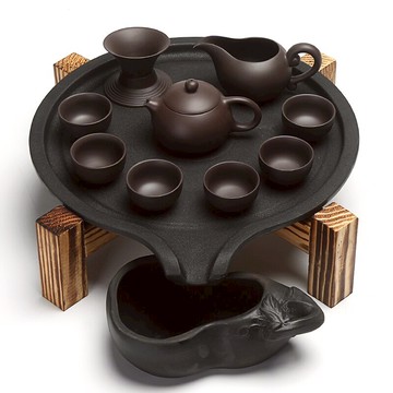 整套陶瓷茶杯功夫茶具套裝家用實木干泡黑陶茶盤儲水茶臺茶海茶道