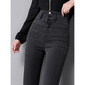 煙灰色高腰牛仔褲女2025春秋季彈力緊身顯瘦修身小腳褲九分長褲