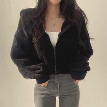 9th street 毛茸茸連帽羊羔絨外套｜秋冬學院風拉鍊開襟・保暖修身短版夾克 (預購)