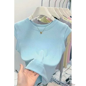 夏季圓領飛飛袖白色短袖T恤女設計感小衆修身無袖短款上衣潮修身上衣女短袖夏季修身上衣短袖女士休閒修身上衣短袖