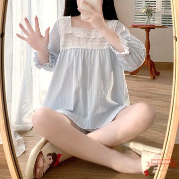 睡衣女夏季甜美公主風短袖短褲套裝宮廷風網紅蕾絲薄款純棉家居服