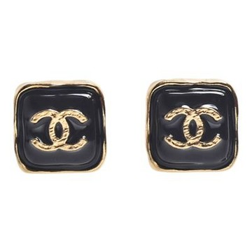 CHANEL 經典琺瑯雙C LOGO正方造型穿式耳環(黑/金)