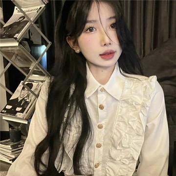 荷葉邊長袖白襯衫女士高級設計感小眾法式別致短款上衣秋季新款