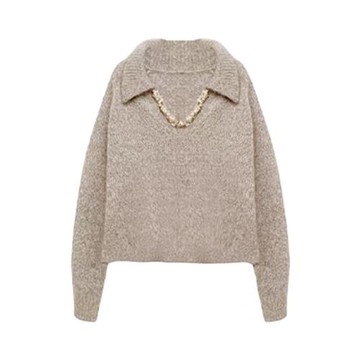 法式V領重工亮片咖色毛衣女款2026新款秋冬季獨特漂亮針織衫上衣