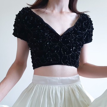 復古黑色亮片天鵝絨短上衣 手工刺繡珠子亮片上衣