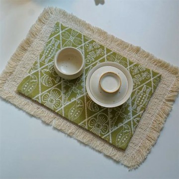 素采手工茶席 綠色飛鳥刺繡16*24+流蘇墊22*32干泡茶席茶布茶墊