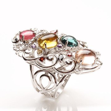 【寶石方塊】一川風月天然四喜碧璽戒-925純銀飾