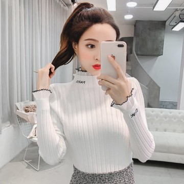 秋裝年新款蕾絲花邊長袖針織衫女外穿毛衣修身上衣高領打底衫