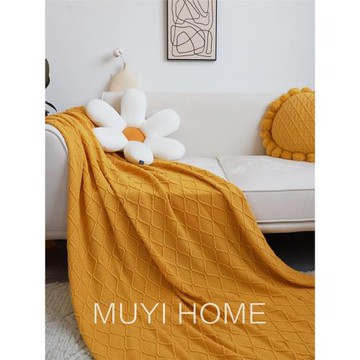 北歐復古菱格毛線毯子黃色針織毯床尾毯床搭沙發毯搭巾床尾巾蓋毯