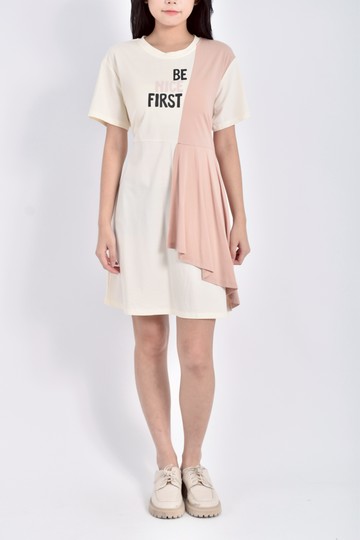 (L) 棉質短袖拼色杏色洋裝