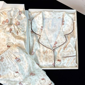 Xuan♥ 睡衣女輕奢豹紋小熊KT貓短袖短褲長褲夏季仿真絲甜美冰絲綢家居服