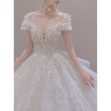 法式輕婚紗新娘2025新款一字肩復古重工奢華高級質感小個子出門紗