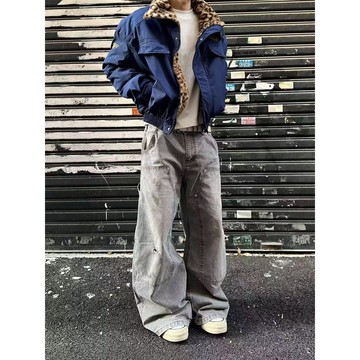 美式復古寬鬆印花彎刀牛仔褲春季新款高腰顯瘦直筒寬褲子