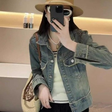 胖胖美依 上衣 外套 牛仔外套 夾克 S-XL新款毛邊牛仔外套寬鬆顯瘦設計感小眾短款夾克上衣-8852.