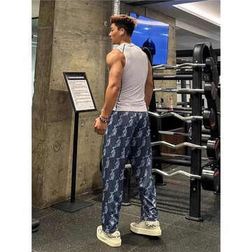 Satjdm美式九分原創滿印logo直筒高彈運動休閑籃球健身長褲跑步潮