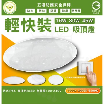 [台灣品牌] 輕快裝 超快速安裝 吸頂燈 LED吸頂燈 客廳吸頂燈 16W 30W 防水係數IP55 浴室燈 陽台燈