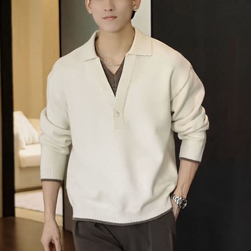 假兩件雙v領針織polo衫男  秋冬韓系高知老錢風毛衣保暖內搭
