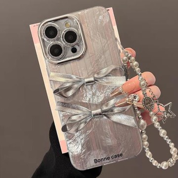 適用蘋果16promax手機殼新款iphone15pro女個性小眾帶鏈條14lus秋冬全包簡約鏡頭膜保護套13防摔蝴蝶結高級12