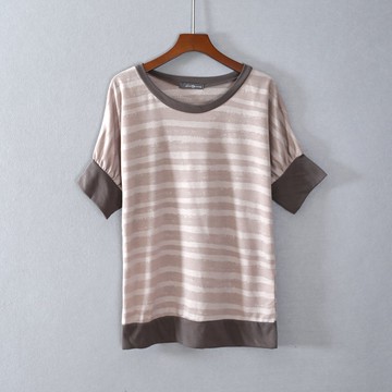 夏款女裝拼接短袖寬松圓領條紋經典T恤衫上衣服潮