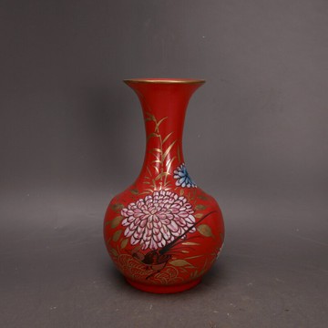 宋汝窯紅釉描金彩繪花鳥賞瓶花瓶瓷器古玩老貨物收藏品復古擺件