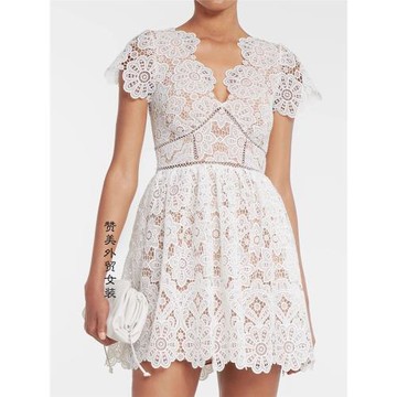 5-英倫時尚甜美氣質名媛靚女裝水溶花卉蕾絲短袖高腰A字夏連衣裙