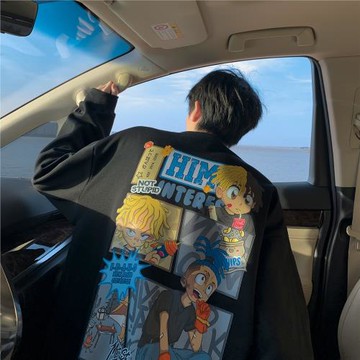 青少年衛衣男生美式復古卡通印花上衣春秋潮牌寬松重磅圓領套頭衫