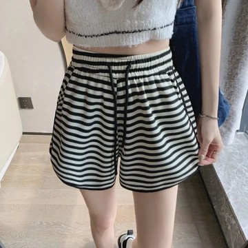 爆款直降價 短褲 休閒褲 女生 休閒運動短褲女夏季韓版2025新款高腰顯瘦條紋鬆緊腰百搭外穿熱褲