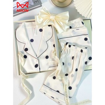 貓人帶胸墊真絲睡衣女款夏季冰絲短袖長褲三件套送閨蜜媽媽禮盒裝