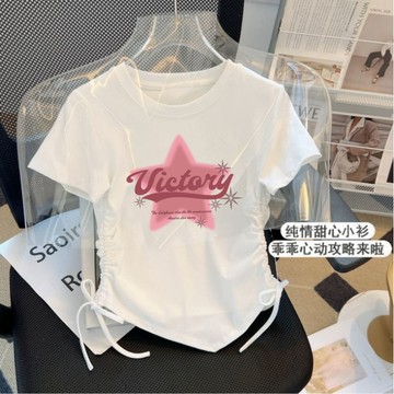 Mimo⭐冰絲螺紋韓版童裝女童夏季卡通時尚簡約T恤兒童潮流抽繩短袖上衣
