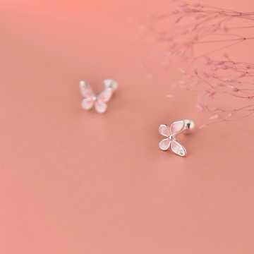 Sweet Air L31 日韓流行耳飾 S925銀針 小巧桃粉滴釉蝴蝶造型 螺絲擰轉珠式 耳針 耳環