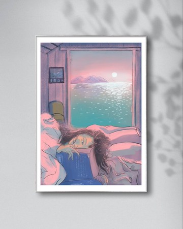 A4 藝術微噴: 湖邊小屋裡的閱讀者 原創插畫裝飾掛畫