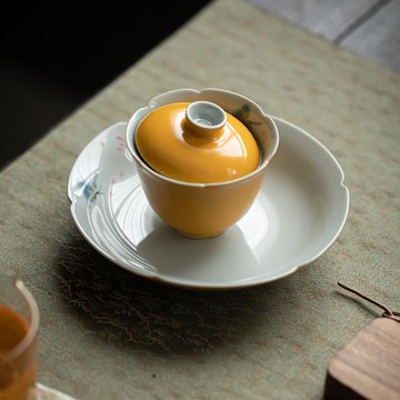 拓黃釉粉彩手繪蓋碗 帶蓋泡茶碗茶人茶具二才小蓋碗薄胎不燙手